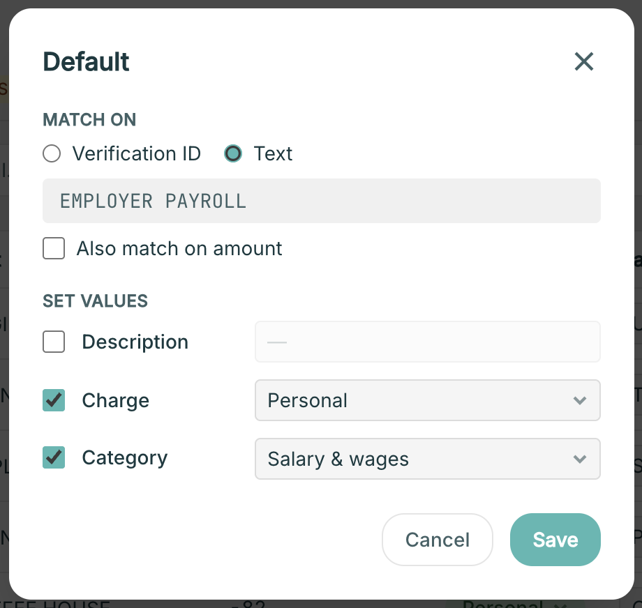 The defaults dialog showing match conditions and values to apply